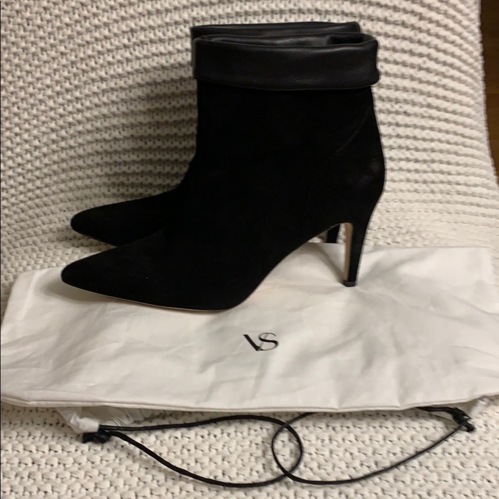 Via Spiga Black Suede Pointed-Toe Fold-Top Heeled Ankle Boots